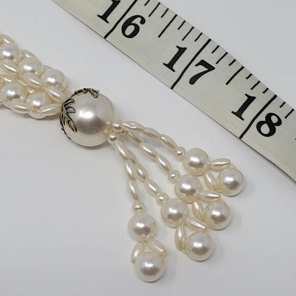 Vintage Faux Pearl Intricate Woven Opera Necklace Pearl Tassel Pendant Statement - Picture 6 of 8
